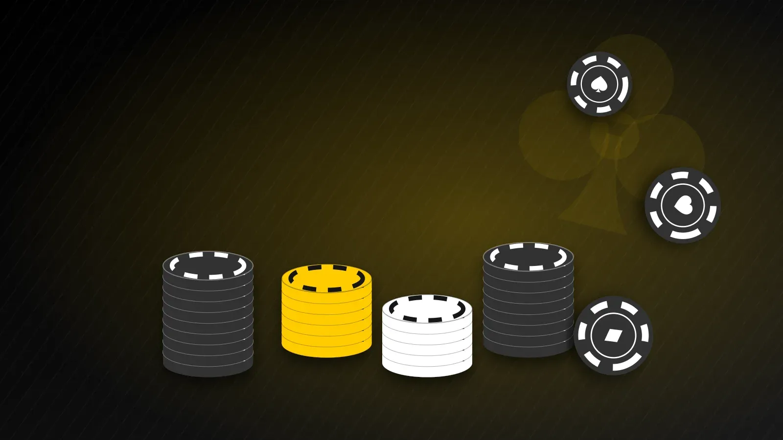Illustration: Stapel von Pokerchips in Gelb, Weiß und Schwarz auf schwarzem Grund